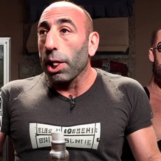 Prompt: joe rogan looking at ari shaffir pulling out his massive hog. live on the joe rogan experience