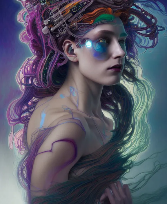 Prompt: a whirlwind of souls rushing inside the metaverse, half body, jewelry, hologram, dreads, android, cyborg, cyberpunk face, by loish, d & d, fantasy, intricate, elegant, highly detailed, colorful, vivid color, digital painting, artstation, concept art, art by artgerm and greg rutkowski and alphonse mucha