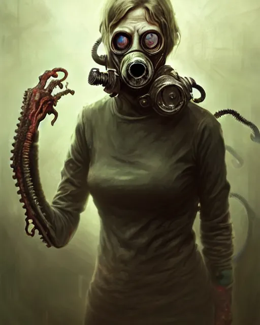 Prompt: a female zombie with gasmask old woman | | elderly - face, wrinkled face, realistic shaded perfect face, fine details. anime. tentacles, eldritch abomination, dunwitch horror, realistic shaded lighting poster by greg rutkowski, magali villeneuve, artgerm, jeremy lipkin and michael garmash and rob rey