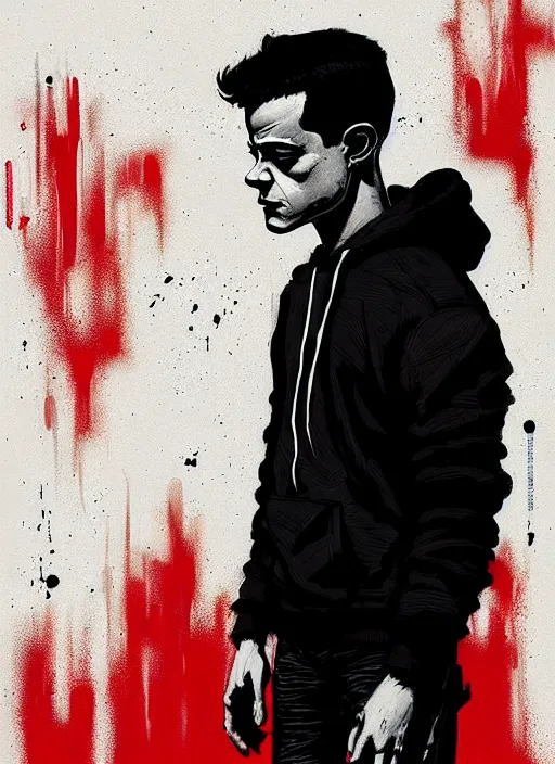 Image similar to highly detailed moody portrait of rami malek, elliot anderson, black hoody by atey ghailan, by greg rutkowski, by greg tocchini, by james gilleard, by joe fenton, by kaethe butcher, gradient red, black and white color scheme, grunge aesthetic!!! ( ( graffiti tag wall background ) )