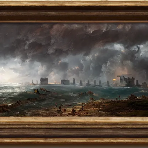 Image similar to Panorama view at a hurricane throwing ruined pieces from a castle around, oil painting, by Greg Rutkowski