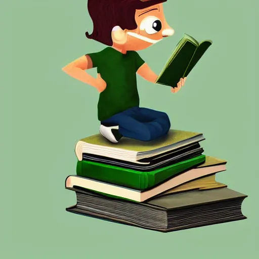 Image similar to diminutive man sitting on a huge book. The man is two inches tall. The book rests on a table. The book is closed, with a green cover. Digital art trending in Artstation.