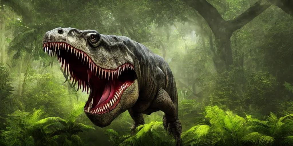 Prompt: photo realism, vary sad tyrannosaurus rex, background jungle, 4 k