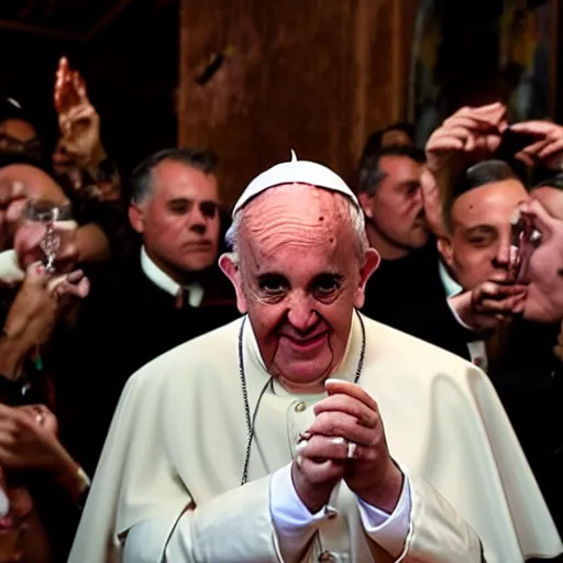 Prompt: the pope doing a line of cocaine in a club, people cheering him on, highly detailed, 4k