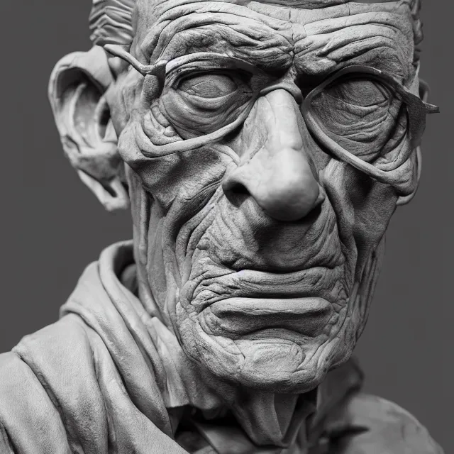 Image similar to photography of a sculpture of Samuel Beckett made of clay by Sebastian Kruger and Michelangelo, 50mm, studio atmosphere, 8K, rim light, octane render, ultra-realistic