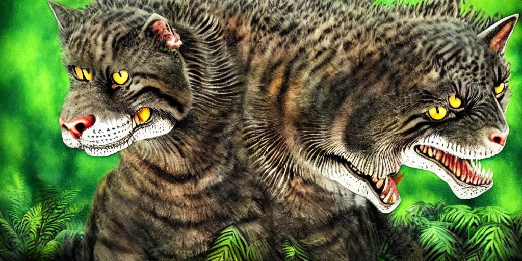 Image similar to tyrannosaurus rex cat hybrid, jungle background