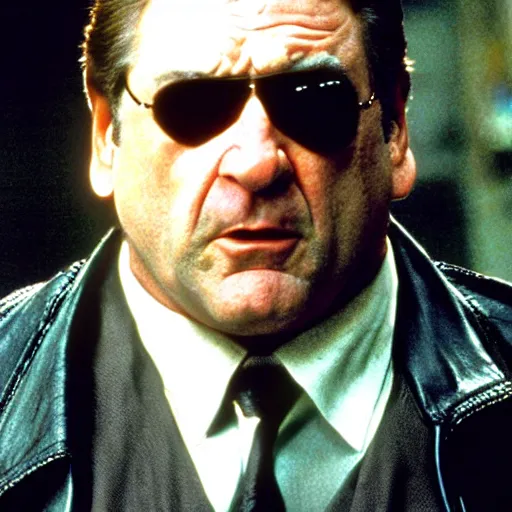 Image similar to john goodman as neo in the matrix movie, realizing he's in the matrix