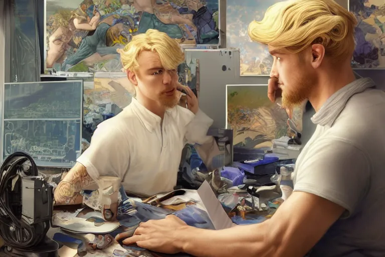 Prompt: a computer graphics artist man with blonde hair, blue eyes, a ballcap in a messy room at the computer animating, ultra realistic, concept art, intricate details, serious, highly detailed, photorealistic, octane render, 8 k, unreal engine. art by artgerm and greg rutk owski and alphonse mucha