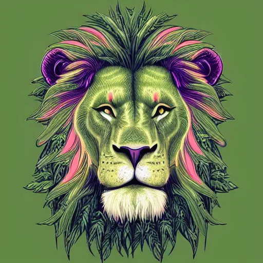 Prompt: a green lion made of weed Intricate ultradetailed illustration by Dan Mumford,mane made of cannabis,trending on artstation