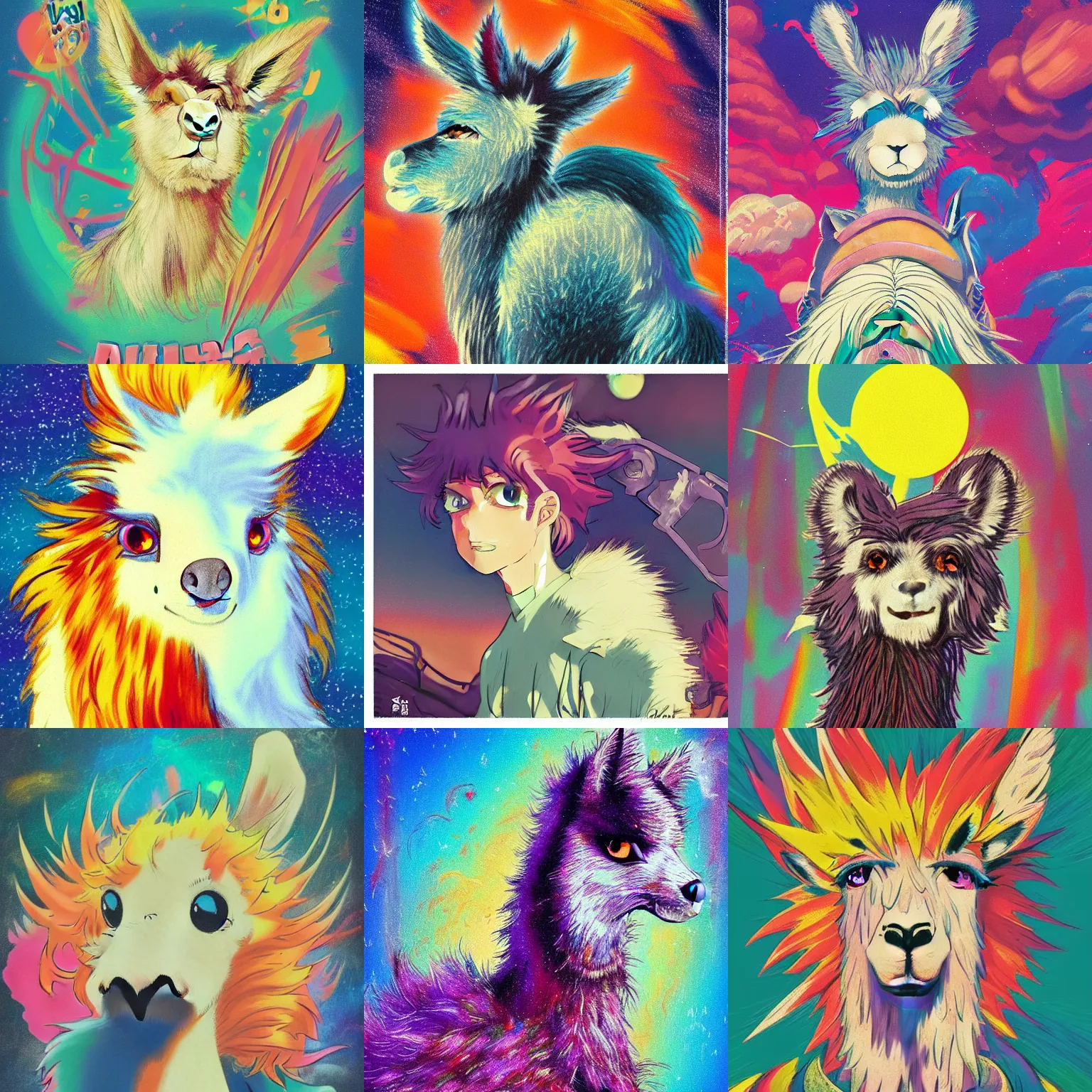 Prompt: vintage 90\'s anime mixed with pastel impasto highly rhythmic expressionistic wild symmetrical furry llama portrait pleasing palette trending on artstation super fluffy funhouse surreal unpredictable wild unexplainable fantasy land you could not have dreamed of in the gritty posterized grainy analog style of studio Ghibli and 1960s americana Comics, HQ 8k scan