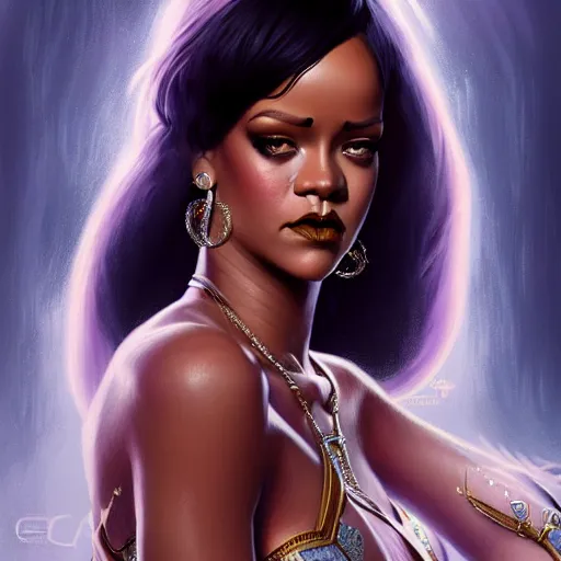 Image similar to Rihanna as a fantasy magic woman portrait, sci-fi, amber eyes, face, long hair, fantasy, intricate, elegant, highly detailed, digital painting, artstation, concept art, smooth, sharp focus, illustration, art by artgerm and greg rutkowski and alphonse mucha