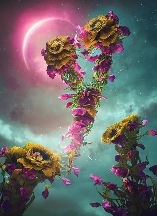 Image similar to An epic fantastic realism comic book style painting of the most beautiful entwined flowers launched across the dark galactic night sky, nebulous bouquets, fisheye lens, unreal 5, DAZ, hyperrealistic, octane render, dynamic lighting