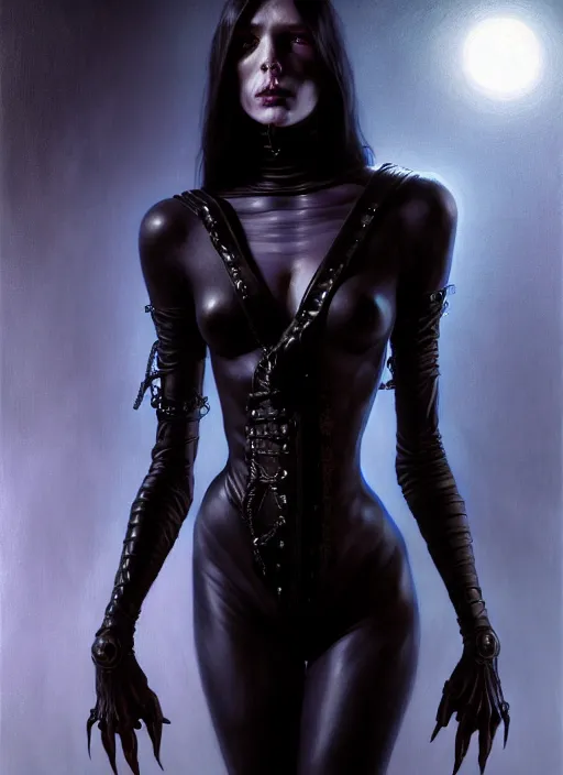 Prompt: female necromancer, black leather body suit, full body, hyper realistic, extremely detailed, dnd character art portrait, dark fantasy art, intricate fantasy painting, dramatic lighting, vivid colors, deviantart, artstation, by edgar maxence and caravaggio and michael whelan and delacroix.