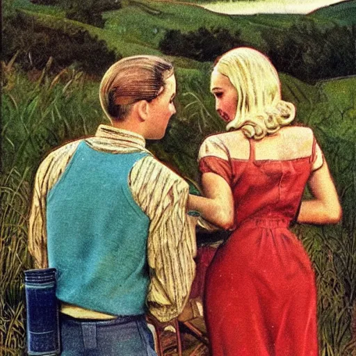 Image similar to “stunning, highly detailed portrait, very detailed, couple, from behind, blonde, remote village, from side, holding tin can, color vintage magazine illustration 1950”