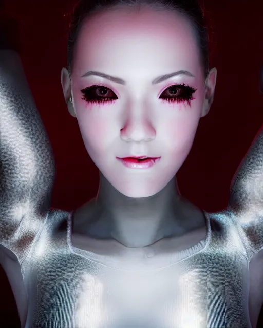 Prompt: close up photo of female dancer with cyberpunk implants with linear bright led lights over face and shoulders, inside white room, ultra - realistic and detailed, 8 k