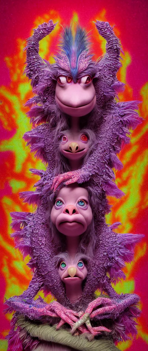 Image similar to hyper detailed 3d render like a Oil painting - kawaii portrait of two Aurora (a beautiful skeksis muppet fae princess protective playful personality from dark crystal that looks like Anya Taylor-Joy) seen red carpet photoshoot in UVIVF posing in scaly dress to Eat of the Strangling network of yellowcake aerochrome and milky Fruit and His delicate Hands hold of gossamer polyp blossoms bring iridescent fungal flowers whose spores black the foolish stars by Jacek Yerka, Ilya Kuvshinov, Mariusz Lewandowski, Houdini algorithmic generative render, Abstract brush strokes, Masterpiece, Edward Hopper and James Gilleard, Zdzislaw Beksinski, Mark Ryden, Wolfgang Lettl, hints of Yayoi Kasuma and Dr. Seuss, octane render, 8k