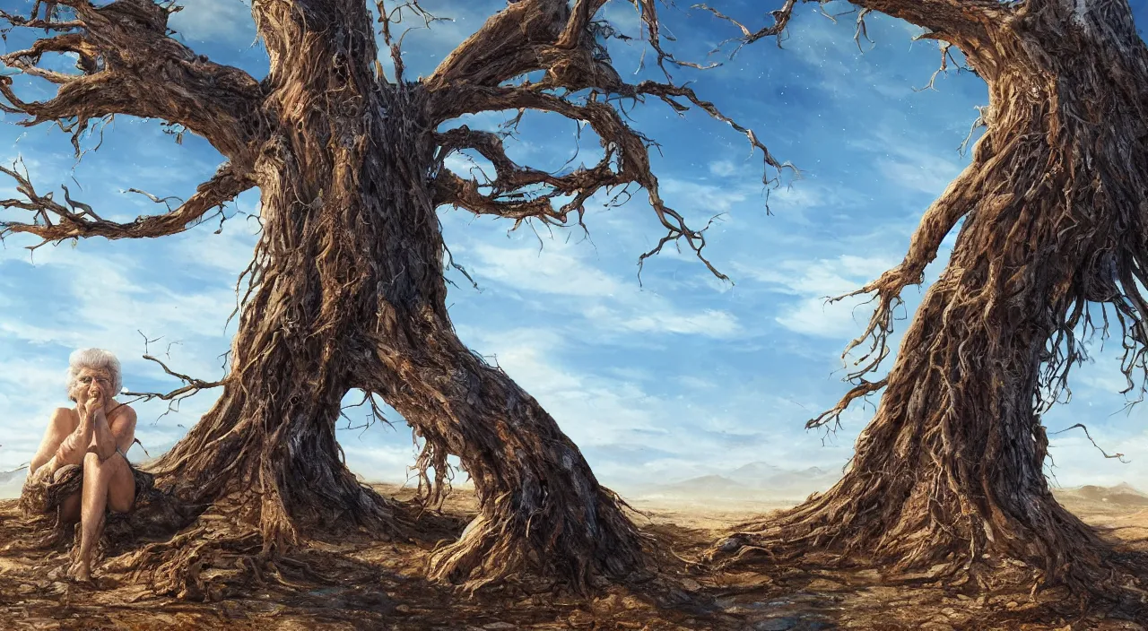 Prompt: Tree-like giant 65-year-old giant Gaia Goddess shedding one emotionless tear as she sits on a dried up river in a desolate land, blue sky, hot and sunny, highly-detailed, elegant, dramatic lighting, artstation, 4k, cinematic landscape