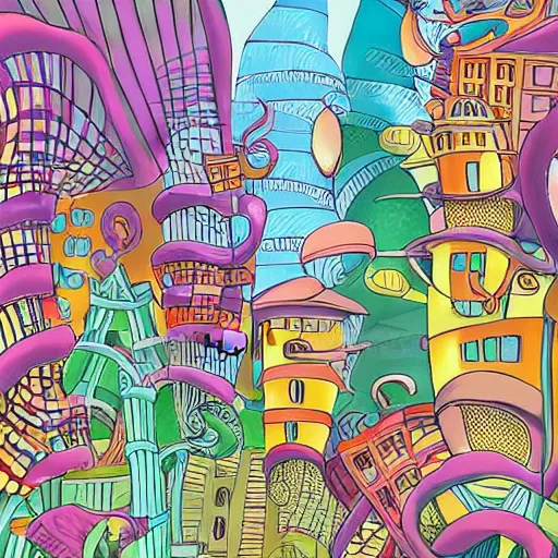 Image similar to fanciful city filled with curvy buildings, by dr seuss, oh the places you'll go, arches, platforms, towers, bridges, stairs, colorful kids book illustration