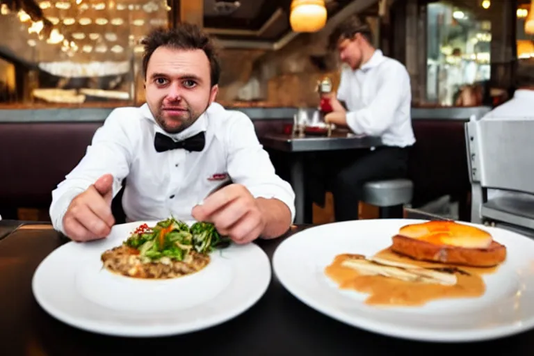 Prompt: busser in a restaurant declares his undying love to an empty plate