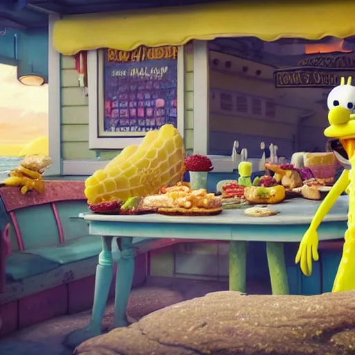 Image similar to hyperrealistic spongebob eating at the krusty krab, stunning 3 d render inspired by istvan sandorfi & greg rutkowski, perfect symmetry, dim volumetric cinematic lighting, 8 k octane comprehensive render, extremely hyper - detailed attributes & atmosphere, intricately proportional, realistic flesh texture, masterpiece, artstation, stunning,