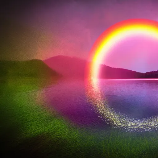 Image similar to rainbow neon sign half circle in water reflected on lake, misty mountains surrounded by beautiful forest, sunny summertime sunlit daylight, hdr, 4 k, award winning photography, volumetric lighting, artstation