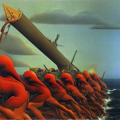 Image similar to naval cannon firing by Zdzisław Beksiński, oil on canvas