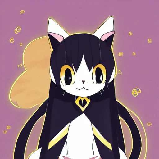 Prompt: Key anime visual of cute black and gold cat, official promotion media, sharp, ranking number 1 on Pixiv, digital art