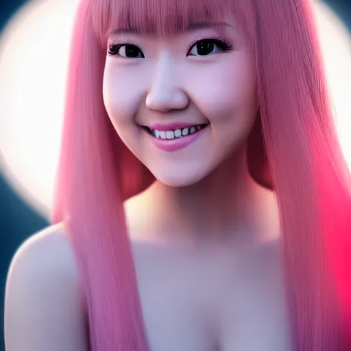 Image similar to beautiful hyperrealism selfie of nikki from shining nikki, a cute 3 d young woman smiling sofly, long light pink hair and full bangs, flushed face, small heart - shaped face, amber eyes, chinese heritage, golden hour, 8 k, instagram