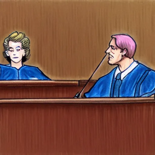 Prompt: [ ridiculous courtroom scene drawn by marilyn church ]