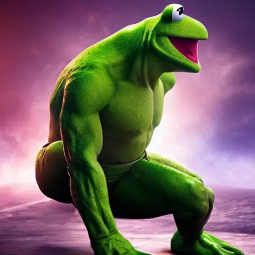 Prompt: photo of Kermit the frog as hulk in averngers movie