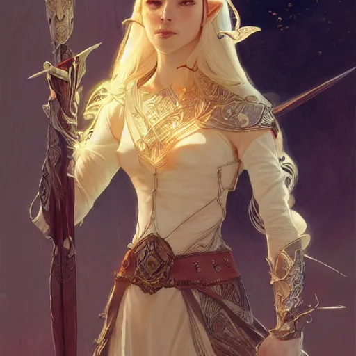 Prompt: a beautiful high elf , D&D, fantasy, intricate, cinematic lighting, highly detailed, digital painting, artstation, concept art, smooth, sharp focus, illustration, art by Terry Moore and Greg Rutkowski and Alphonse Mucha