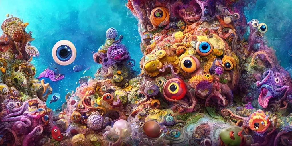 Image similar to of an intricate sea reef with strange cute friendly happy creatures with huge eyes, mouth, long tongue, round teeth and goofy face, appearing from the background, in the style of gehry and gaudi, macro lens, shallow depth of field, ultra detailed, digital painting, trending artstation, concept art, illustration, cinematic lighting, photorealism, epic, octane render