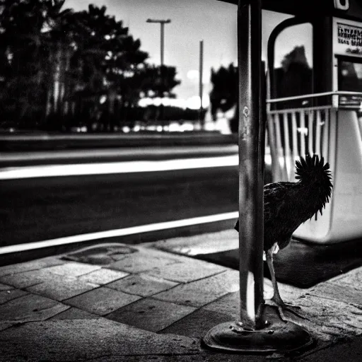 Image similar to dramatic photo of an emo chicken sitting at a bus stop, heartbreaking, emotional, black and white, focal point, closeup, inspirational.