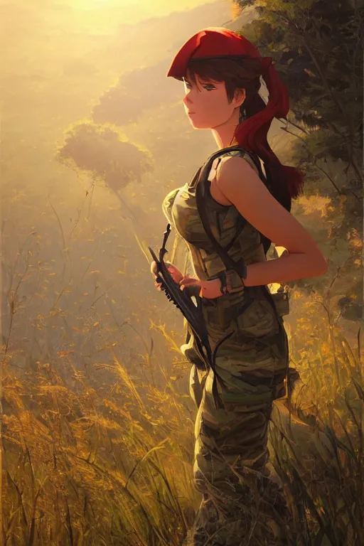 Prompt: a female soldier hiking in the savannah, mid shot, fine - face, realistic shaded perfect anatomy, fine details. sunset. very anime style. realistic shaded lighting poster by ilya kuvshinov katsuhiro, magali villeneuve, artgerm, jeremy lipkin and michael garmash, rob rey and kentaro miura style, trending on art station