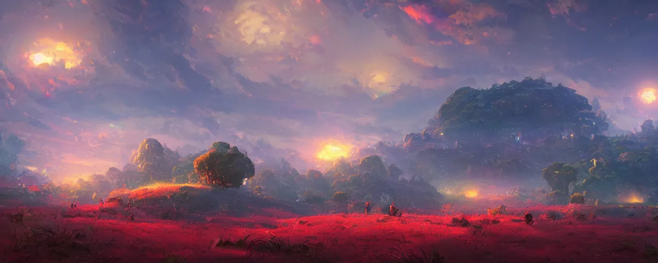 Image similar to ” otherwordly landscape rolling hills, [ cinematic, detailed, epic, widescreen, opening, establishing, mattepainting, photorealistic, realistic textures, octane render, art by paul lehr ] ”