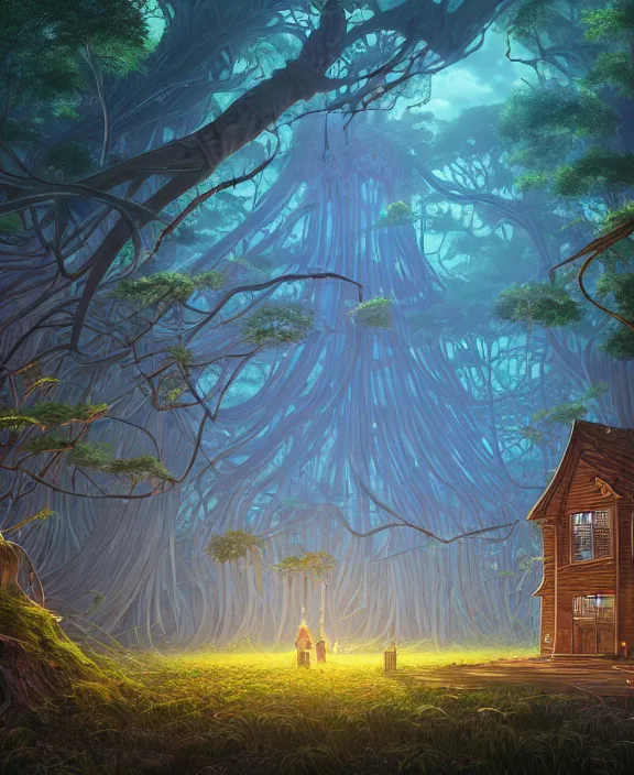 Image similar to a huge schoolhouse made from jellyfish, overgrown with huge exotic fungus, deep in the woods, noon, sun drenched, partly cloudy, by dan mumford, yusuke murata, makoto shinkai, ross tran, cinematic, unreal engine, cel shaded, featured on artstation, pixiv