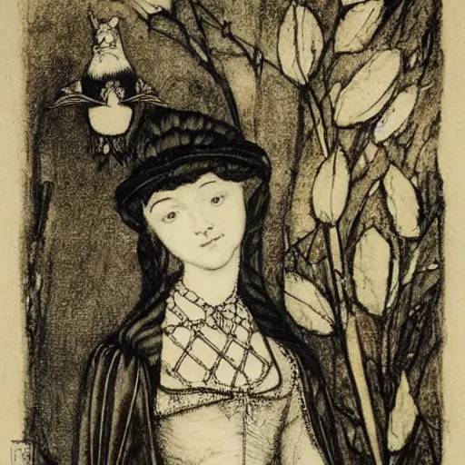 Image similar to Anne Boleyn growing bird wings and a beak, she is sad, style of Arthur Rackham