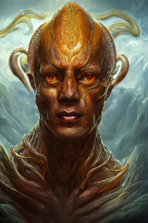 Prompt: fantasy character concept portrait, digital painting, wallpaper of a naga gorgon with skin of obsidian, with veins of magma and gold, renaissance nimbus overhead, by aleksi briclot, by laura zalenga, by alexander holllow fedosav, 8 k dop dof hdr, vibrant
