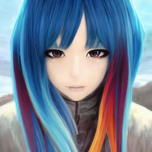 Image similar to profile shot of rimuru tempest, sky blue, straight hair, long bangs, amber eyes, wearing a black jacket with white stripes, high collar, highly detailed, unreal engine 5, digital painting, cinematic, wlop | artgerm, pixiv, yoshitaka amano, greg rutkowski, ilya kuvshinov, andy warhol