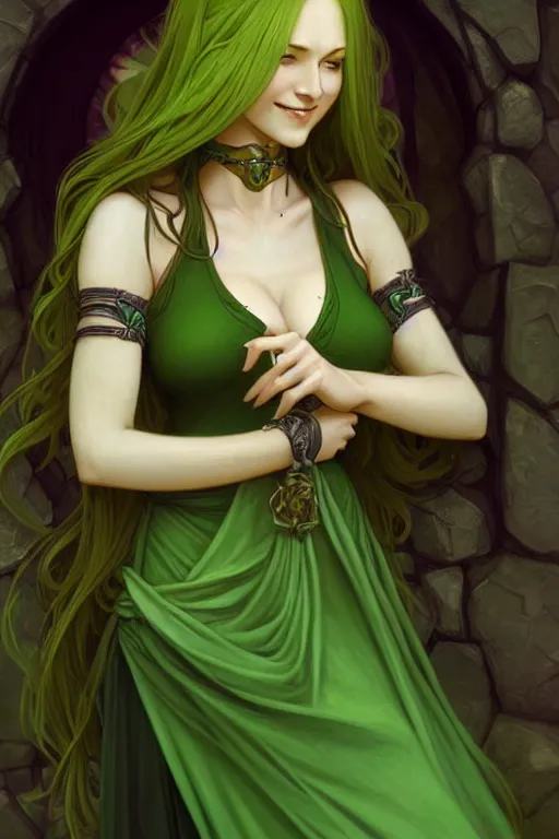 Image similar to Portrait of seductive female druid, D&D, revealing green stylish dress, choker on neck, very long flowing hair, mouth slightly open, cute slightly nerdy smile, fantasy, intricate, elegant, stylish, highly detailed, digital painting, artstation, concept art, smooth, sharp focus, illustration, art by artgerm and greg rutkowski and alphonse mucha
