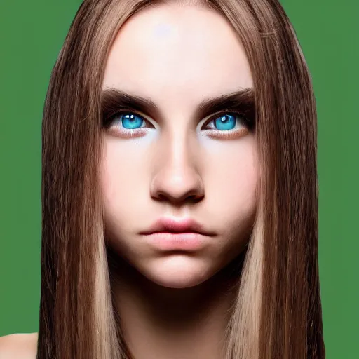 Image similar to brunette with long dyed blonde hair, 21 years old, 165 cm tall, 50% smaller nose, 30% smaller mouth, round shaped face, big forehead, lop eared, thin eyebrows, green colored eyes, real life photograph