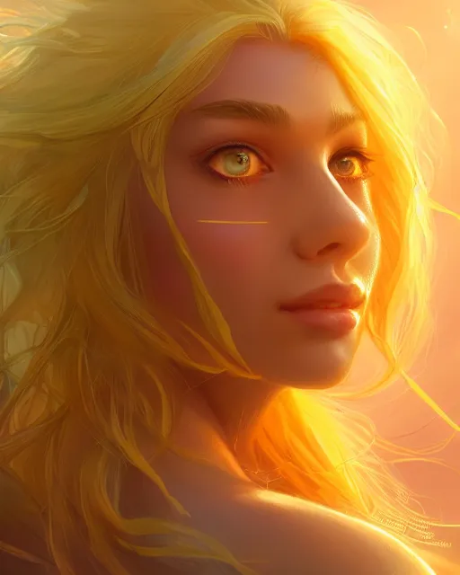 Image similar to a beautiful sun goddess, flowy yellow golden hair, sun, summer, cinematic lighting, highly detailed, digital painting, trending on artstation, pixiv, concept art, sharp focus, illustration, art by ross tran and wlop