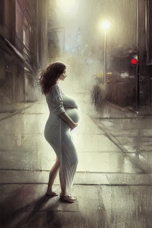 Image similar to pregnant woman under street light, highly detailed, sharp focused, ultra realistic digital concept art by Stanley Artgerm, Alyssa Monks, Ruan Jia