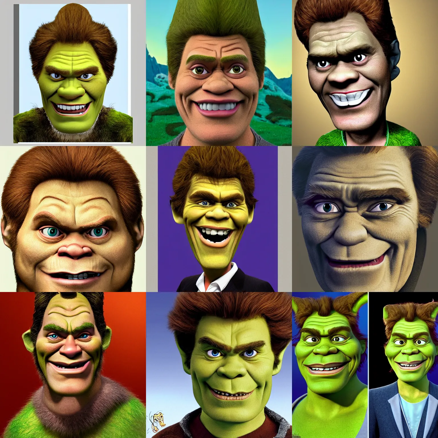 Prompt: willem dafoe caricature as shrek ogre portrait