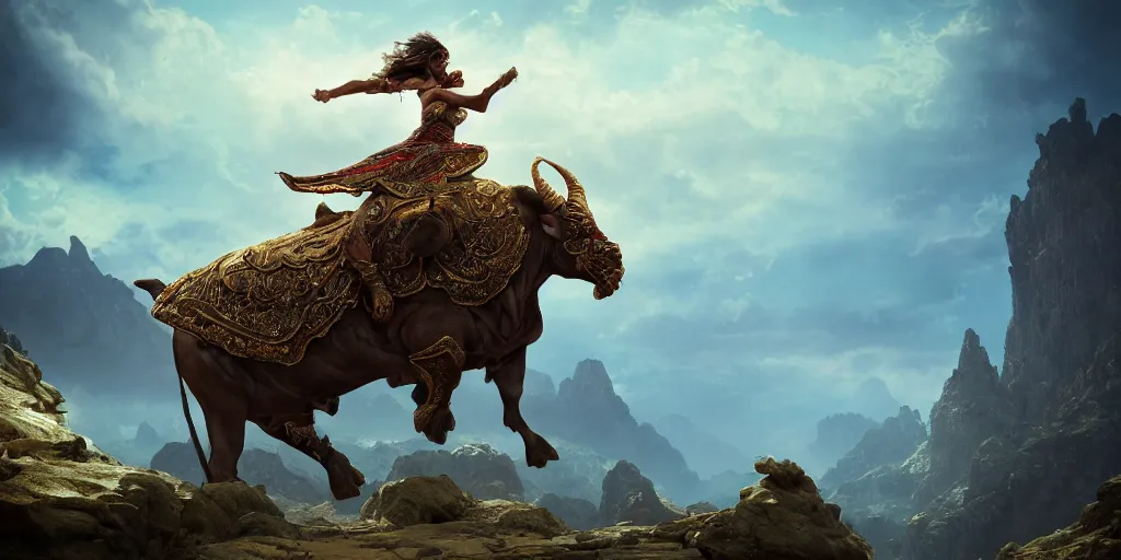 Prompt: a beautiful ornate woman riding a bull in socotra island, artgerm, action scene, an epic fantasy, dramatic lighting, cinematic, establishing shot, extremely high detail, photorealistic, cinematic lighting, maxwell boas jessica rossier christian dimitrov anton fadeev trending on artstation cgsociety rendered in unreal engine 4 k hq