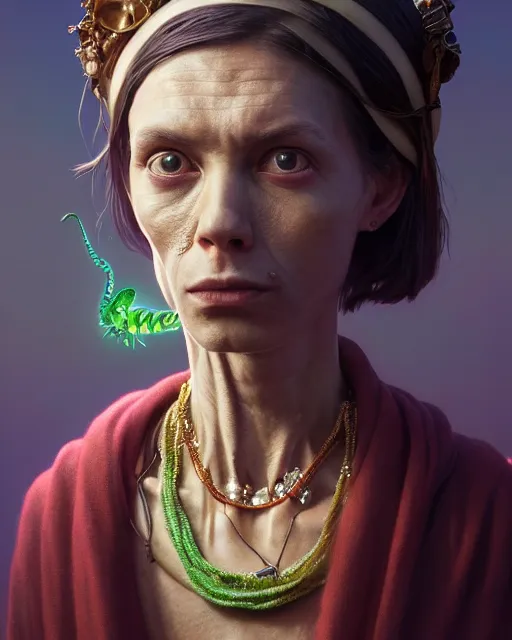 Image similar to highly detailed surreal vfx portrait of a lizard person with a necklace, wearing a toga, stephen bliss, unreal engine, greg rutkowski, loish, rhads, beeple, makoto shinkai and lois van baarle, ilya kuvshinov, rossdraws, tom bagshaw, alphonse mucha, global illumination, detailed and intricate environment