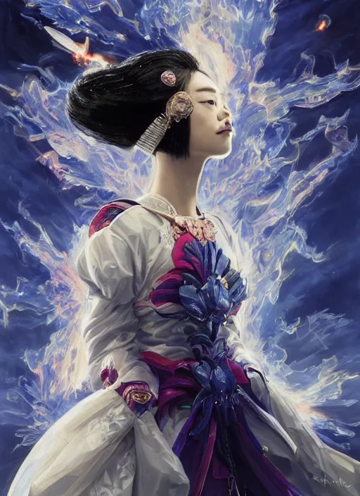 Prompt: portrait of ravishing Japanese Princess Suzu Hirose unleashing a devastating multiversal blazing fireball, battle stance, ready for battle, wearing futuristic luxurious white and little royal blue details suit, captivating, beautiful look, face anatomy, surreal and allegorical, octane render, art by Karol Bak, Karol bak pastiche by Peter Mohrbacher