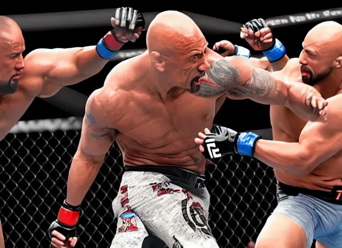 Image similar to dwayne the rock johnson fighting in the ufc, 4 k, photorealistic