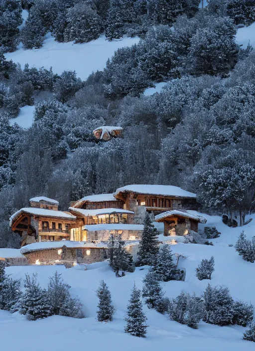 Image similar to an exquisite holiday home in the middle of the snowcapped mountains of france, visible through the lush overgrowth, architectural photography, dark and dim lighting, beautiful, tranquil, moody, cinematic, fantasy, 3 5 mm lens, volumetric lighting, first person view, photographic render, hyper realistic