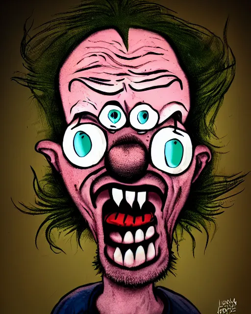 Image similar to portrait of an ugly old possessed crying clown in the style of justin roiland. ugly, creepy, demonic, horror. cinematic lighting. photographic, photography. by justin roiland